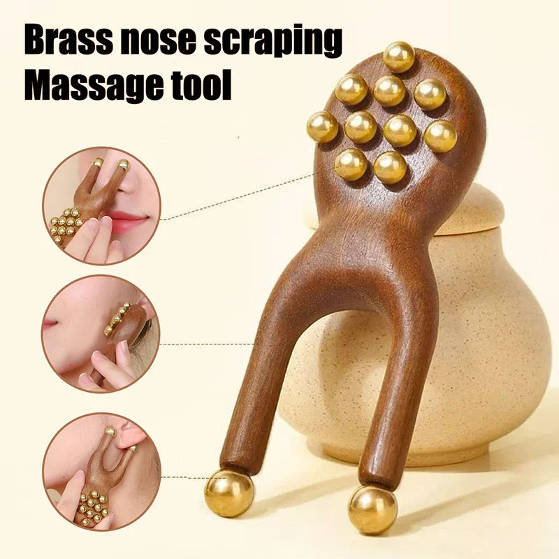 1PCS Wooden Nose Guasha Massage Tool Brass Bead Handheld Comb Antistatic For Face Nose Eye Relaxation Spot Meridians Acupoint