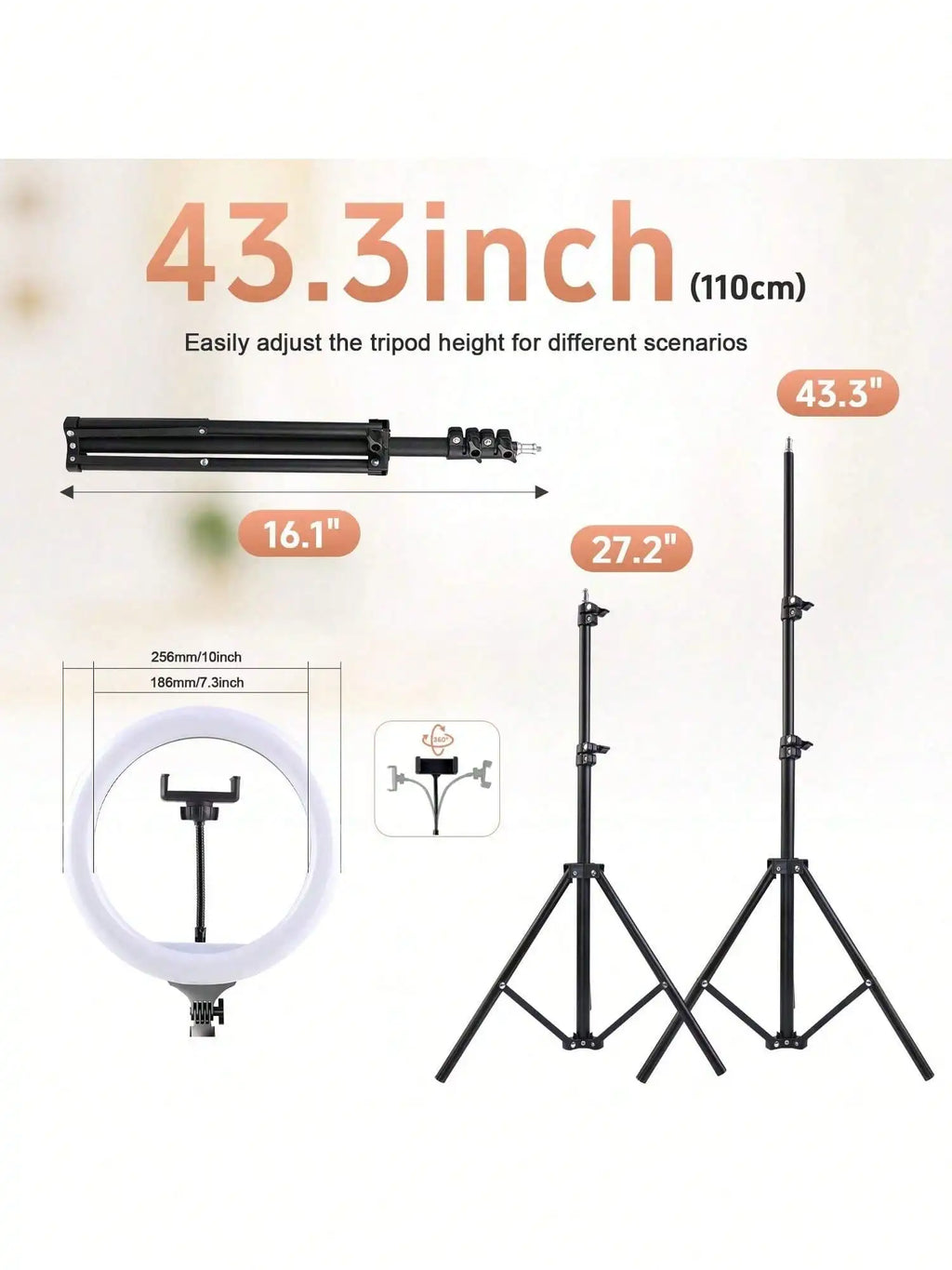 10 Inch LED Selfie Ring Light Set with 43 Inch Adjustable Tripod & 2 Universal Phone Clamps, Dimmable USB Powered Fill Light, Ideal for Makeup, Video Recording and Halloween Party Live Streaming