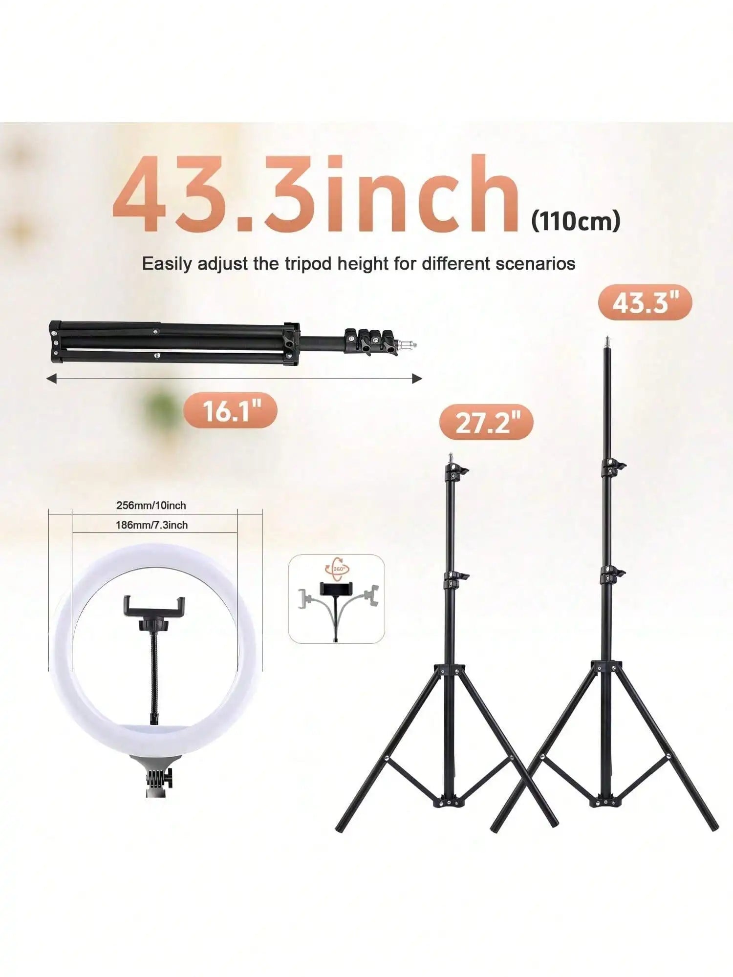 10 Inch LED Selfie Ring Light Set with 43 Inch Adjustable Tripod & 2 Universal Phone Clamps, Dimmable USB Powered Fill Light, Ideal for Makeup, Video Recording and Halloween Party Live Streaming