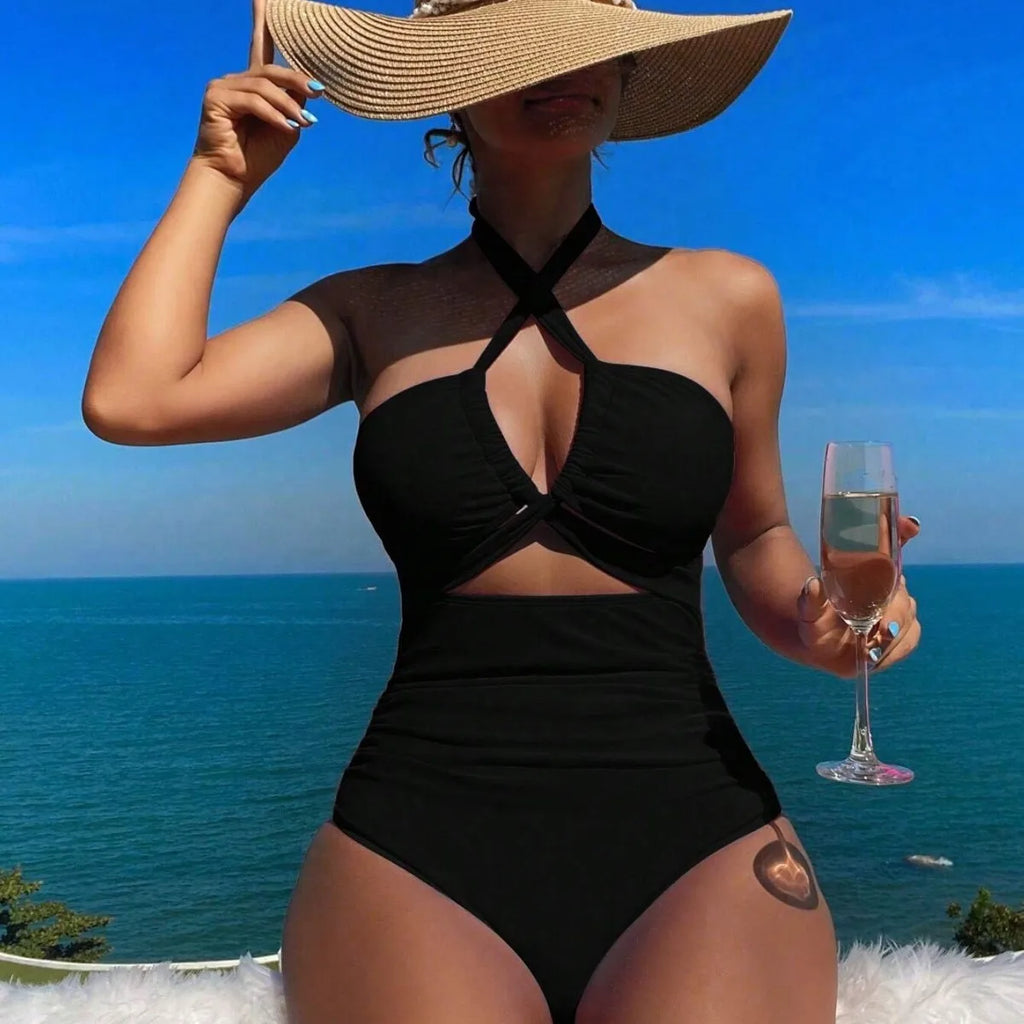 Women Swimsuit Halter Neck Solid Swimsuit Backless Waist Cinching Bathing Suit Ruched Bust High Cut Swimwear Black Woman